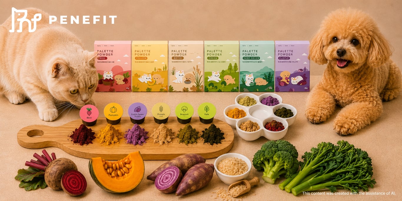 PENEFIT’s Palette Powder is a capsule-format powder topper for cats and dogs, offering individually sealed natural ingredient options for daily supplementation.
AI-assisted visual courtesy of HUFS GTEP Team WON:DER.